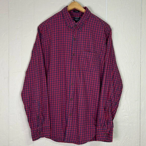 J.Crew Brushed Twill Plaid Button Down Shirt Red Navy Large Classic Fit Flannel - Picture 2 of 11